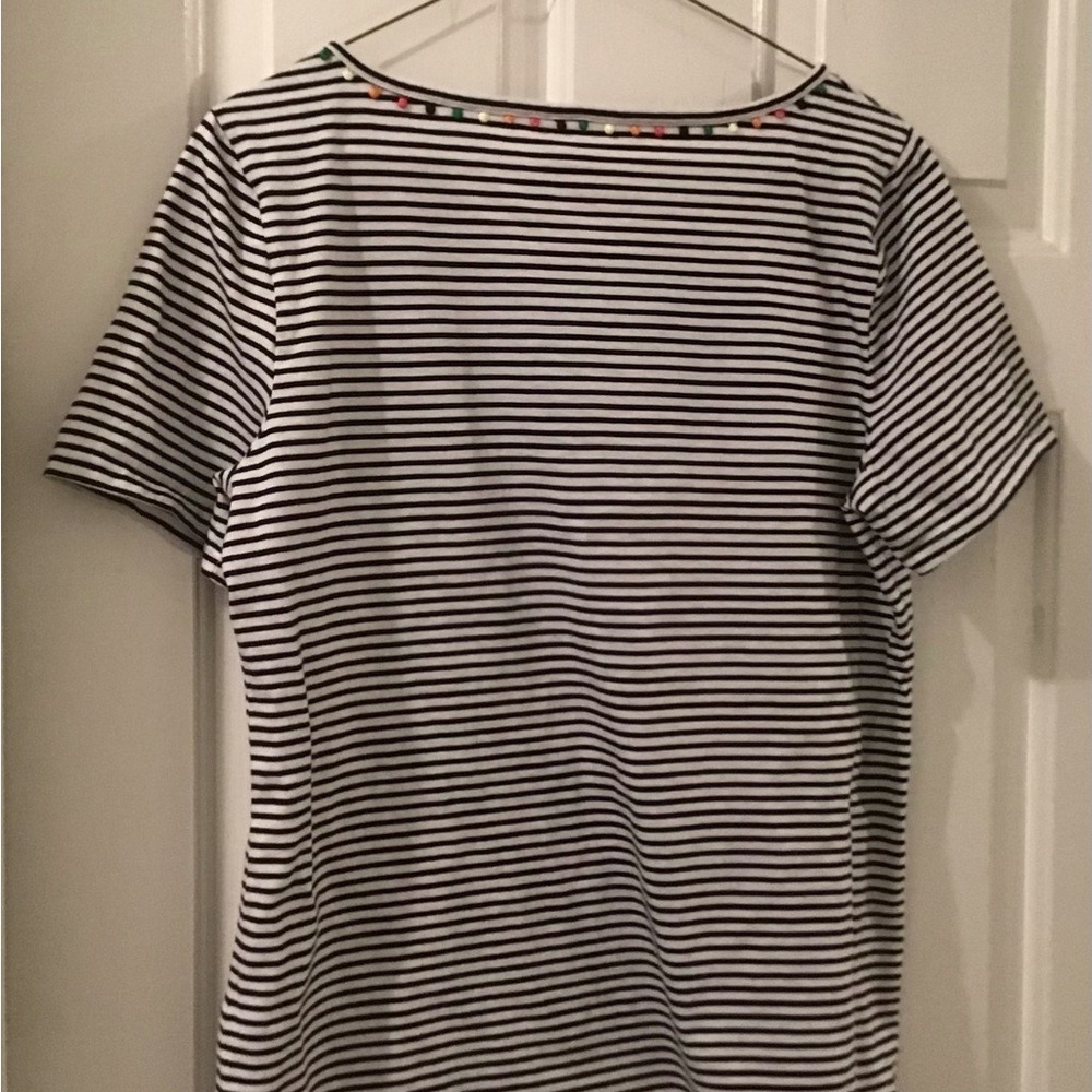 Talbots Navy & White Striped Short Pom Pom Trim Round Neck Women’s Tee Size L - Picture 5 of 5